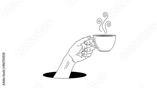 Hand Holding a Steaming Cup of Coffee Emerging from a Hole.