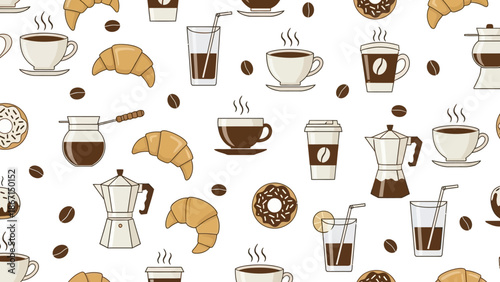 Seamless pattern of coffee and pastries for breakfast.