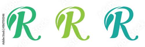 Vector green alphabet eco logo with leaves, Green Eco Alphabet Vector icon, initial R with nature logo design inspiration. Stunning green and blue letter R logos on white background.