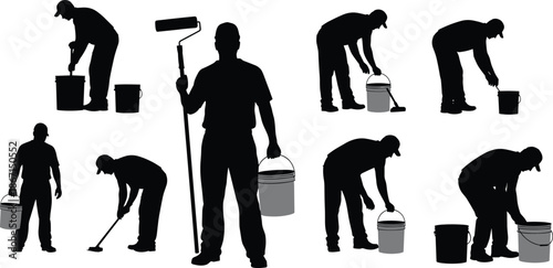 Painter silhouette illustration set showing workers with paint rollers, buckets, and tools in various working poses