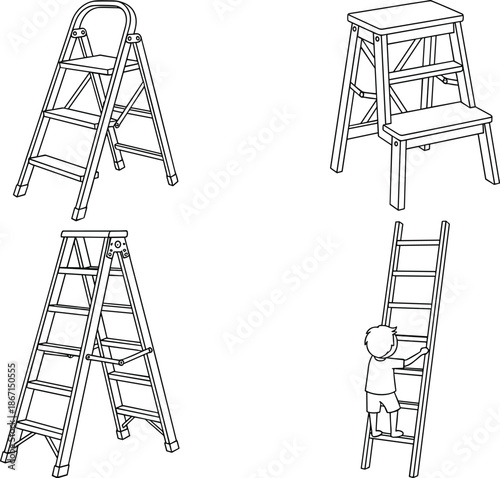 Step ladder and stool illustration set showing household ladders, step stools, and child climbing ladder line art