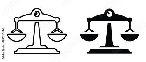 Scales of justice and balance icon. Justice scales icon. Scales icon. Law scale icon. Scales. Libra icon. Flat style.