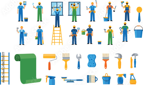 Professional house painting workers and tools illustration featuring painters, ladders, rollers, brushes, and renovation equipment