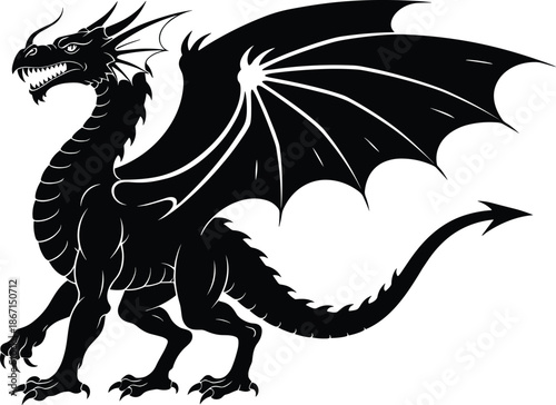Flying dragon silhouette with spread wings and fierce posture isolated on white background fantasy mythical creature vector illustration