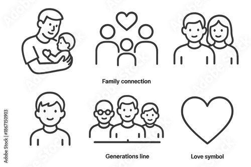 Family connection icons and generations line with love symbols