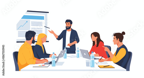 Illustration of a business team in a meeting discussing presentation and collaborating