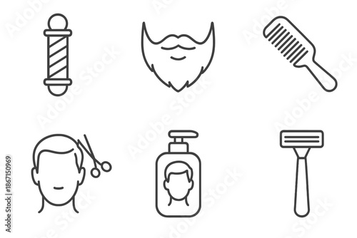 Barber shop icons: pole, beard, comb, scissors, shampoo, razor