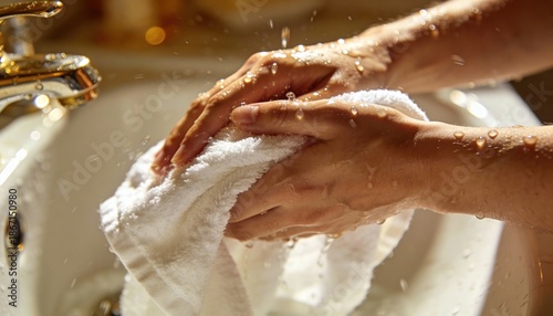Woman drying wet hands with a clean towel, showing care and hygiene - Everyday Hygiene Moment