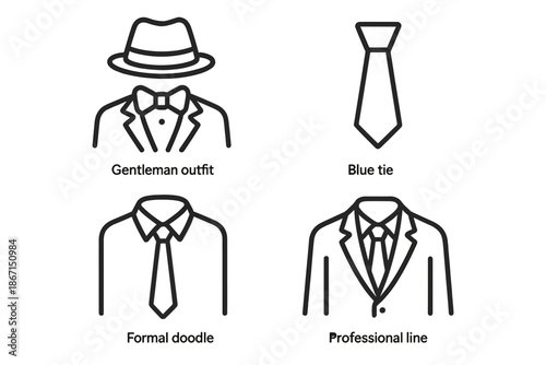 Minimalist line art of formal attire including hat, bow tie, blue tie, collar, and suit