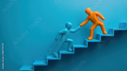 Cyan figure assists orange teammate up stairs in an empathetic leadership scenario blue environment digital illustration