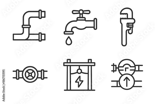 Plumbing tools and icons featuring pipe, faucet, valve, wrench, energy, and flow symbols