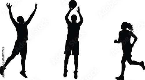 Silhouettes of basketball players and runner, sports action vector, fitness, teamwork, jump, shoot, motion