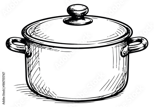 Hand drawn line art illustration of a cooking pot depicting a kitchen utensil for home cooking