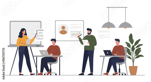 Illustration of a business presentation in a modern office setting with several people.