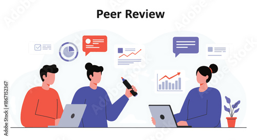 Illustration depicting a peer review meeting with people discussing and analyzing data on a table