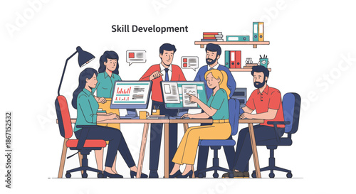 Illustration depicting a group of people working together on skill development in an office