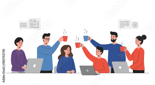 Group of office workers toasting coffee cups during a team meeting at the workplace