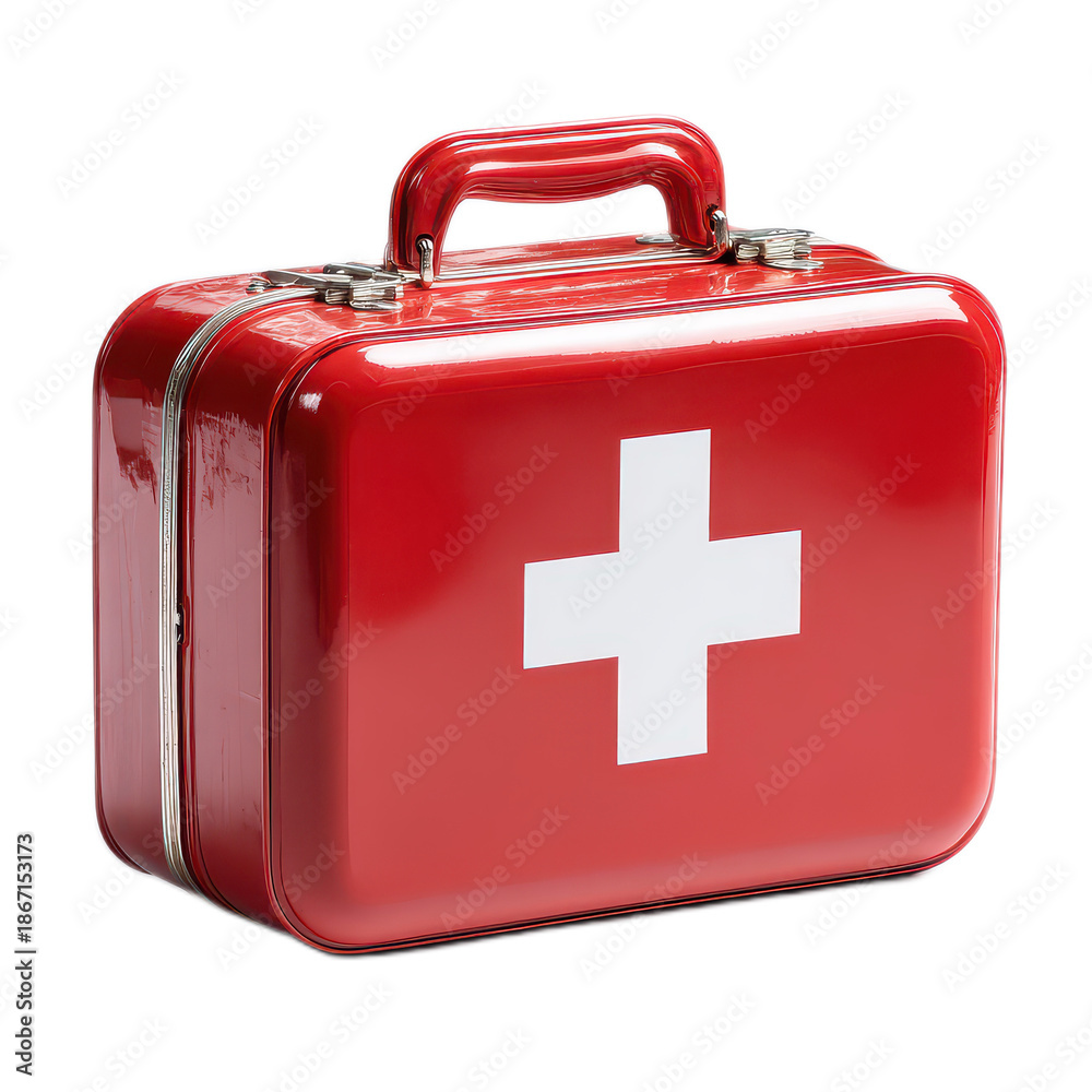 Obraz premium Bright Red First Aid Kit with White Cross for Emergency Preparedness