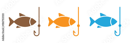  Colorful fish icons on fishing hook. fish vector silhouette for any use.