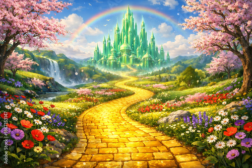 Enchanted yellow brick road leading to magical emerald city in springtime , Fantasy, Oz, Magicians
