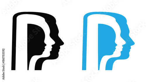 Human head icon, silhouette. Inner voices or personalities. Mental health, self development. Stylized human head silhouette. 