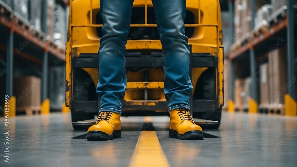Obraz premium Person in blue jeans and yellow boots standing next to a yellow forklift in a warehouse