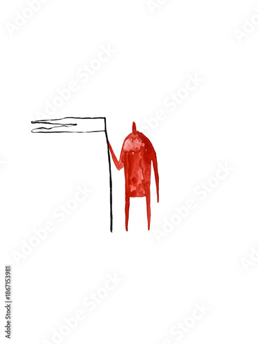 Hand paint watercolor stick figure illustration. Watercolor people. Man with flag. Holiday time. 