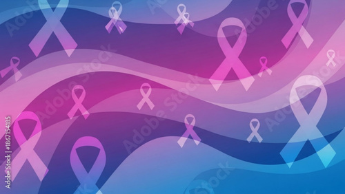 Vibrant pink and blue ribbon pattern on wavy gradient background for awareness campaigns and health promotions with support and pink ribbons