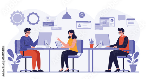 Diverse team members working at desks with computers and laptops in a modern office setting