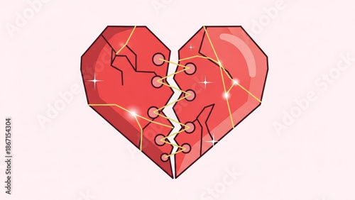 Cracked red heart gemstone with gold lines and white sparks on light background symbolizing love and relationships with emotion and heartbreak