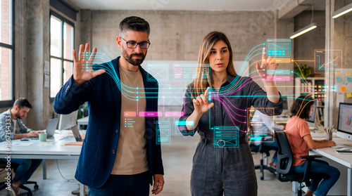 Designers mapping digital workflow through a holographic interface in an open office