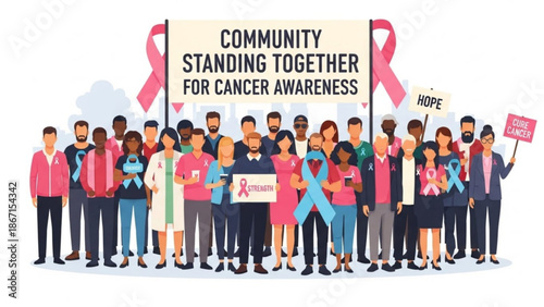 Diverse community standing together for cancer awareness with pink ribbons and signs with hope and cure cancer and support and health and wellness