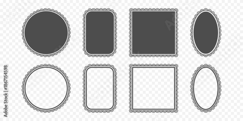 Vintage lace frame set. Scalloped frames silhouette and outline. Retro scallop border. Handmade style blank label badge