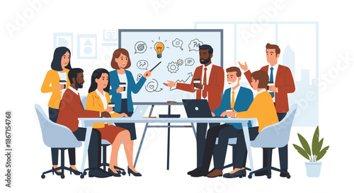 Diverse team members collaborating during a business meeting with a presentation on a whiteboard