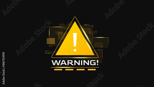 Minimalist futuristic warning sign icon for cyber security system alert. Yellow triangle with exclamation mark on dark background for digital risk, system error, or unauthorized access notification.