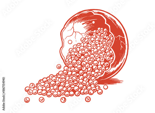 Spilling Red Caviar Egg.Vintage Salmon Roe Illustration.Broken Shell Fish Eggs.Luxury Food Woodcut Style.Ikura Spill Graphic