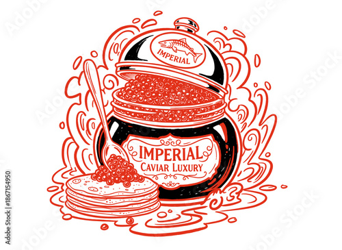 Luxury Caviar Jar Illustration.Hand Drawn Gourmet Seafood.Vintage Caviar and Blini Art.Fish Roe Delicacy Vector Print.Retro Food Engraving Design
