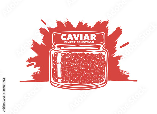 Caviar jar grunge badge.Red roe retro illustration.Gourmet food vector sign.Seafood delicacy packaging.Luxury fish eggs label