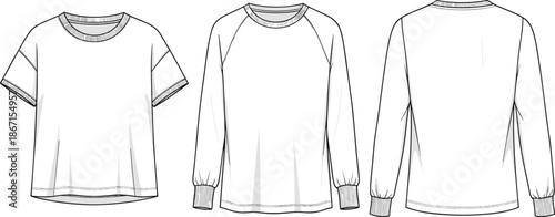 Short and long sleeve t shirt technical fashion illustration with front and back views basic apparel template design