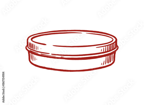 Hand drawn metal tin icon.Small round container vector.Vintage cosmetic balm box.Engraving style pomade jar.Lip balm tin sketch design