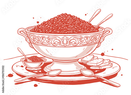 Luxury Red Caviar Dish.Gourmet Roe and Toast Illustration.Vintage Caviar Bowl Sketch.Fine Dining Seafood Appetizer.Monochrome Line Art Food