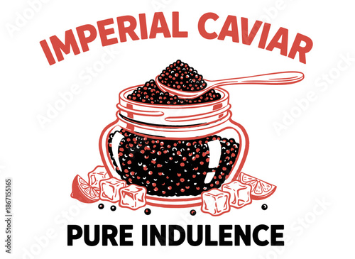 Vintage Caviar Jar Illustration.Gourmet Seafood Label Design.Imperial Black Caviar Vector Art.Luxury Fish Roe Logo.Retro Delicacy Graphic