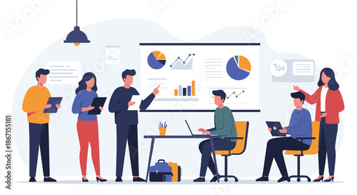 Diverse Team Collaboration and Data Analysis Presentation in a Modern Office Environment