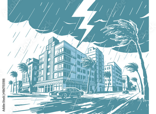 Storm over Art Deco City.Retro Hurricane Warning.Tropical Cyclone Disaster.Heavy Rain Street Scene.Lightning Strike Vector Art