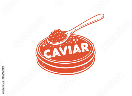 Retro Caviar Logo Design.Vintage Luxury Food Emblem.Caviar Tin Spoon Illustration.Red Salmon Roe Vector Badge.Seafood Delicacy Sticker