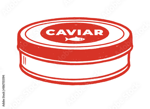 Vintage Caviar Can.Red Gourmet Food Tin.Luxury Seafood Icon.Hand Drawn Caviar Label.Retro Fish Eggs Vector