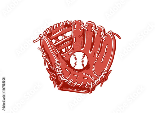 Baseball Glove and Ball Vector.Vintage Catcher Mitt Graphic.Hand Drawn Sport Illustration.Retro Baseball Gear Sketch.Red Leather Mitt Design