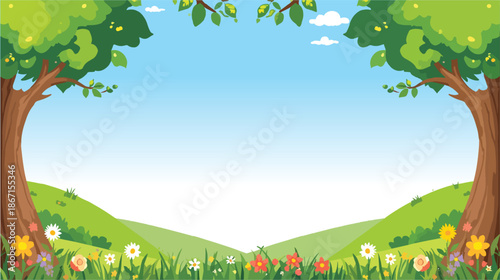 summer landscape with tree and flowers vector