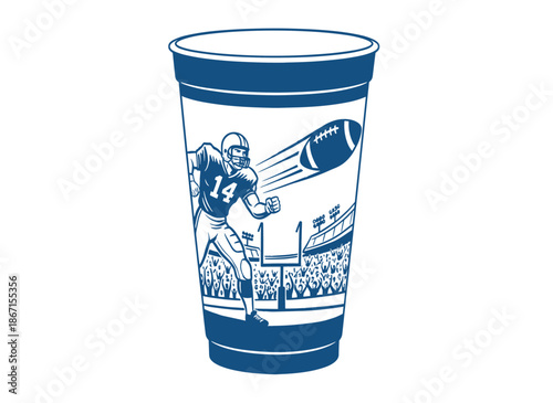 Retro football player cup design.American sport stadium illustration.Monochrome disposable plastic cup.Tailgating party merchandise graphic.Vintage ve
