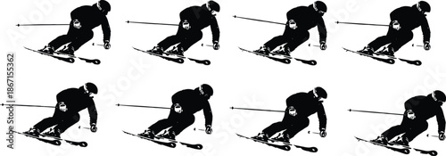 Alpine skiing action silhouette sequence showing downhill skier carving turns winter sports motion illustration on white background